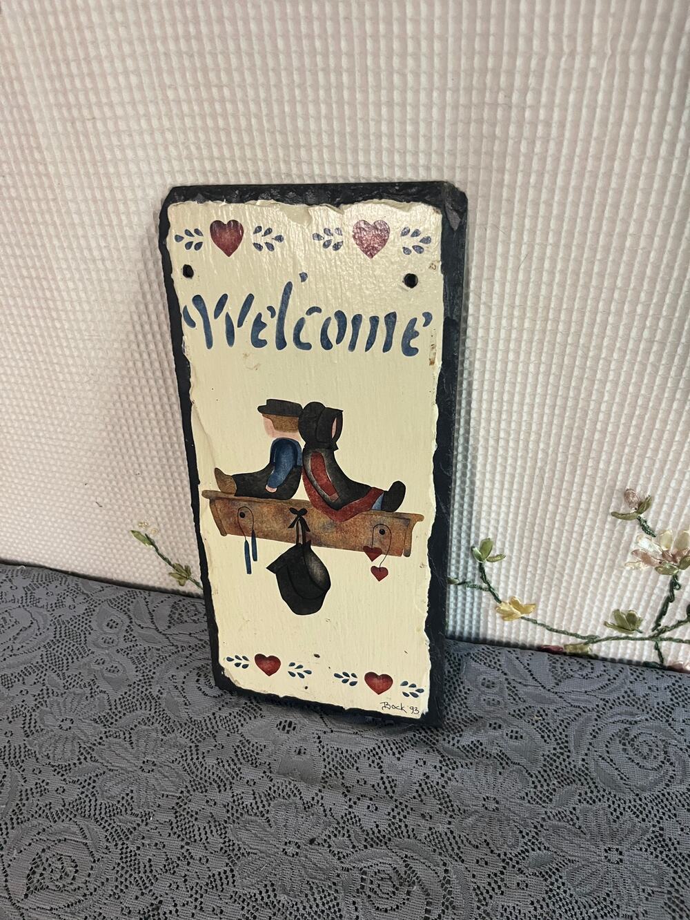Hand Painted Slate Welcome Sign Amish Boy Girl Hearts Signed Bock 1993 Country